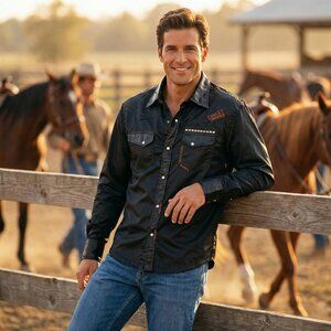 Vintage International Male Black Nylon Jacket Studded Western Y2K Large Rare HTF